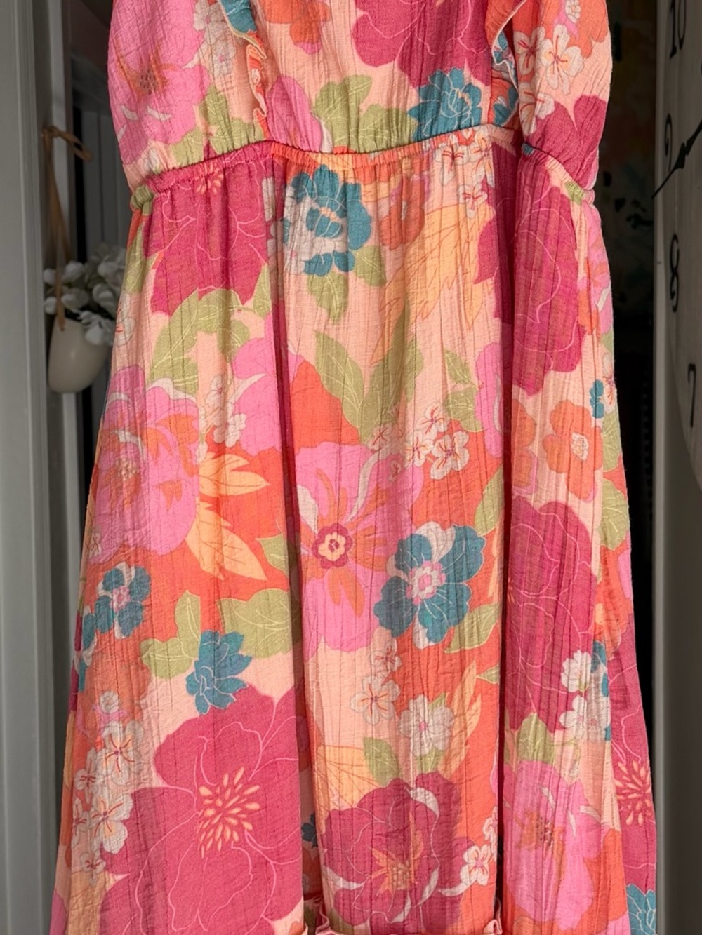 Floral Pink Midi Dress with Elastic Waist